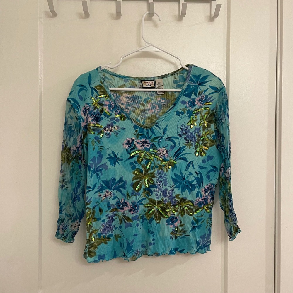 Vintage Y2K Blue Mesh Sleeve Tropical Blouse Sequined Mermaidcore Coconutcore
